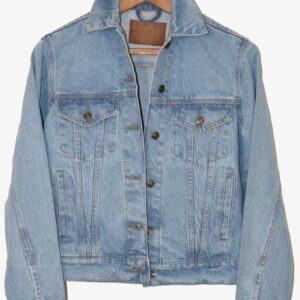 light wash denim jacket on hanger